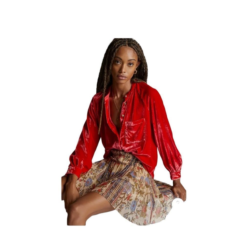 Anthropologie PILCRO Red Shirt Crushed Velvet Top Blouse Long Puff Sleeves XL - Picture 3 of 15